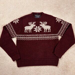 ABERCROMBIE & FITCH Hand Knit Sweater Men’s Large 100% Wool Fair Isle Moose